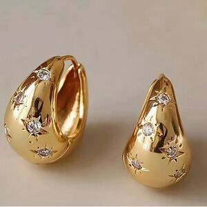 New Anthropologie Celestial Stars Crystal Dome Huggies Hoop Gold Earrings